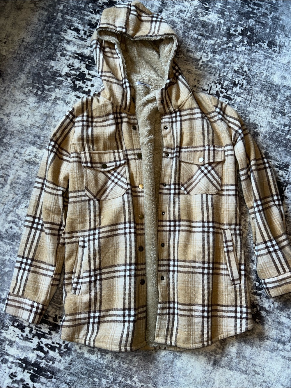 Woman’s Hooded Sherpa-Lined Plaid Coat - Tan